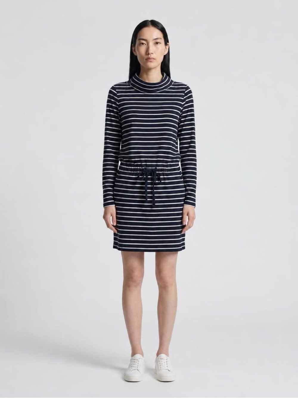 GAP Navy & White Striped Cowl-Neck Long-Sleeve Drawstring-Waist Dress